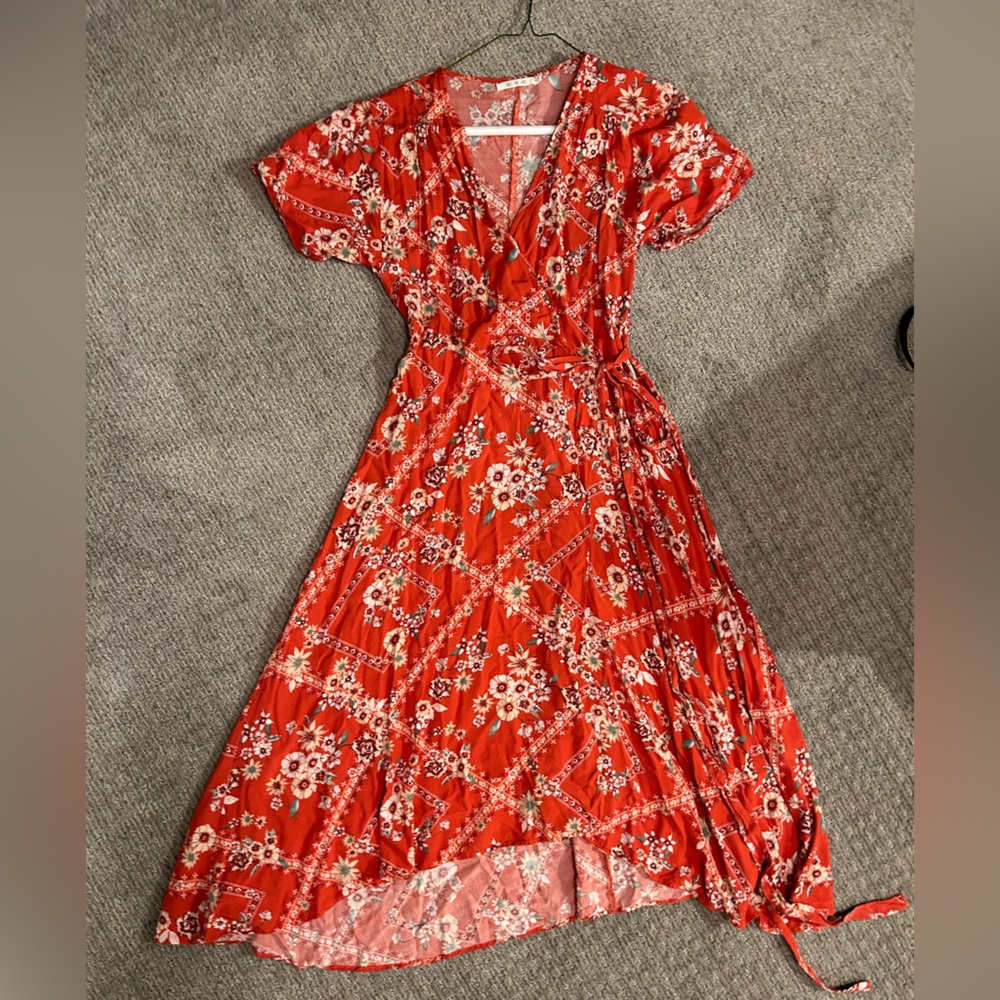 Anthropologie Red Floral Wrap Dress - Picture 5 of 6
